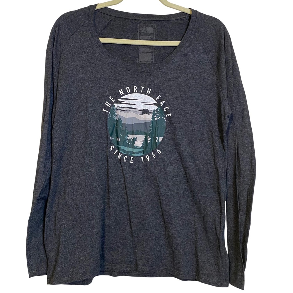 The North Face Women Long Sleeve Graphic Tee Gray Bear Mountain Scoop Neck L